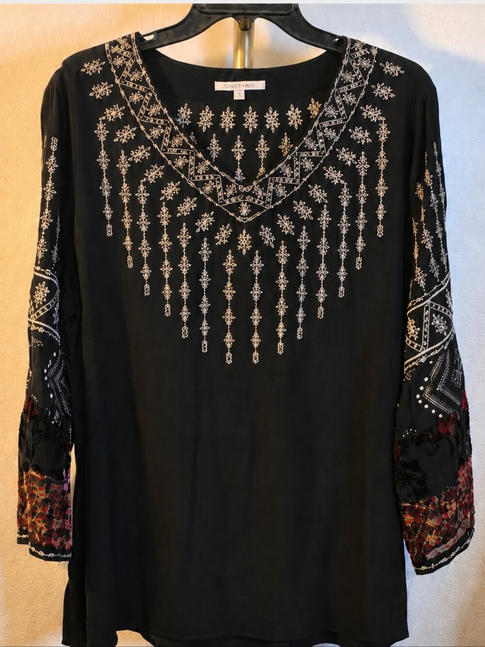 John Mark Black Tunic with White Embroidered Yoke and Red Accent Sleeves